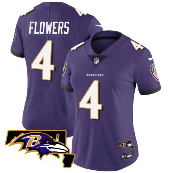 Women’s Ravens Maryland Patch Vapor Limited Jersey – All Stitched – Purple – Zay Flowers