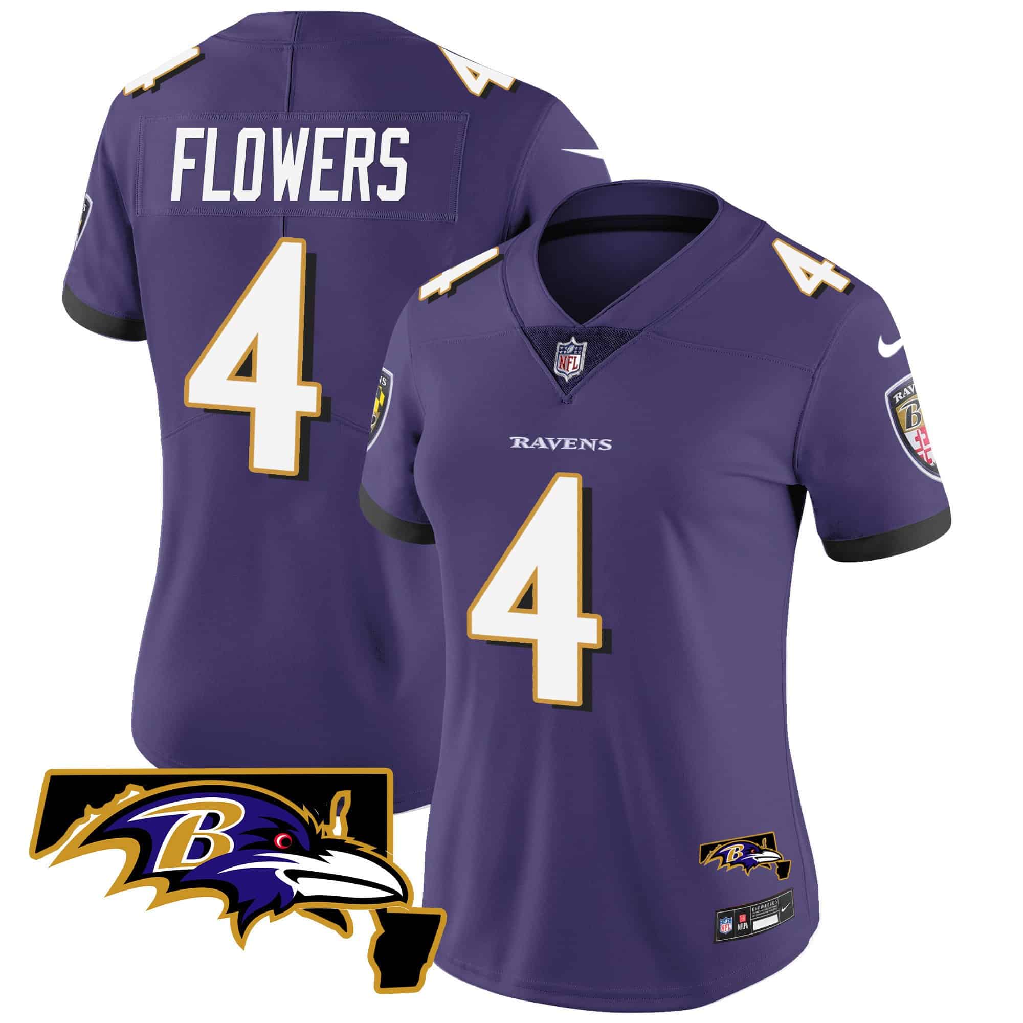 Women’s Ravens Maryland Patch Vapor Limited Jersey – All Stitched – Purple – Zay Flowers
