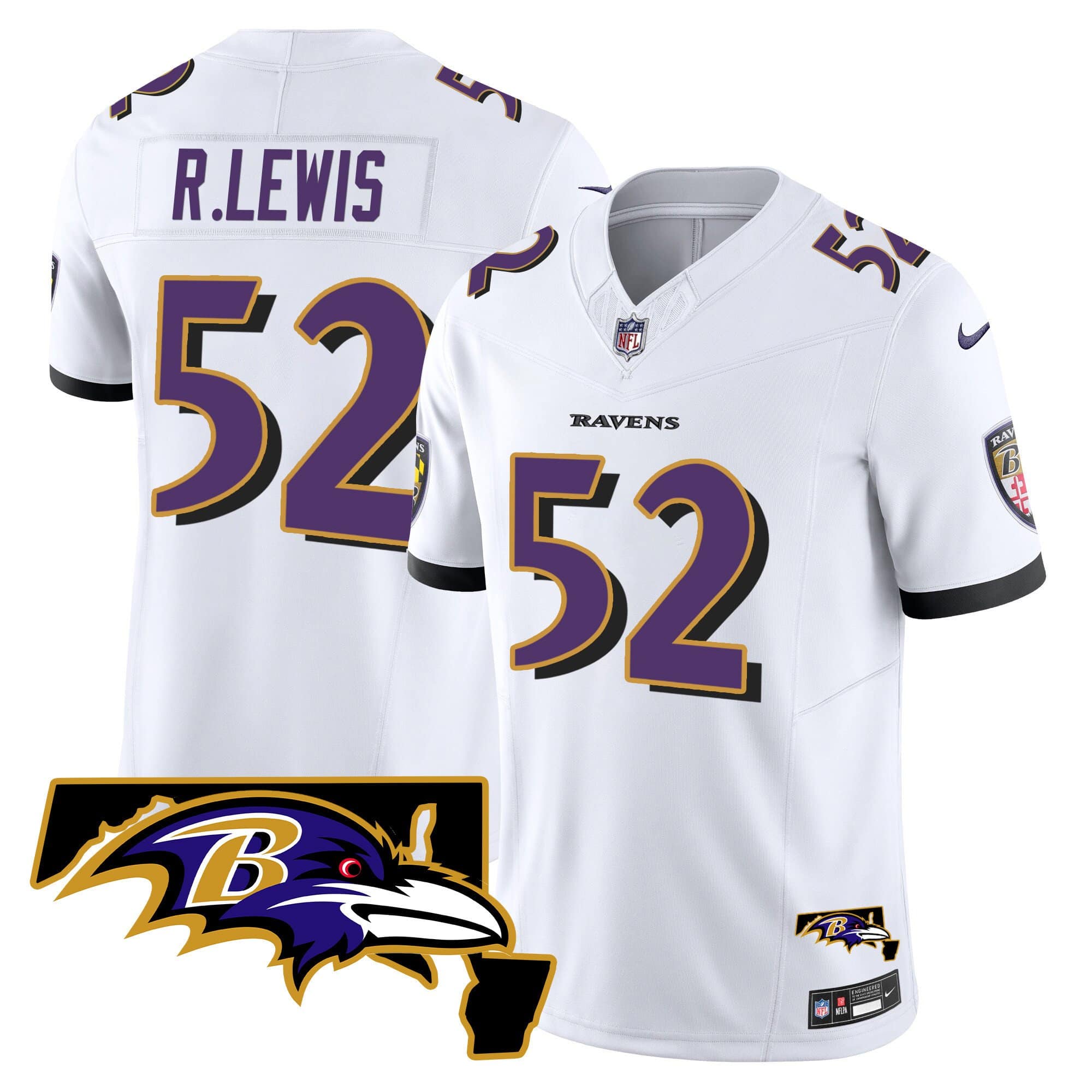 Men’s Ravens Maryland Patch Vapor Limited Jersey – All Stitched – White – Ray Lewis