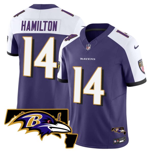 Men’s Ravens Maryland Patch Vapor Limited Jersey – All Stitched – Purple Alternate – Kyle Hamilton