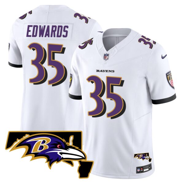 Men’s Ravens Maryland Patch Vapor Limited Jersey – All Stitched – White – Gus Edwards