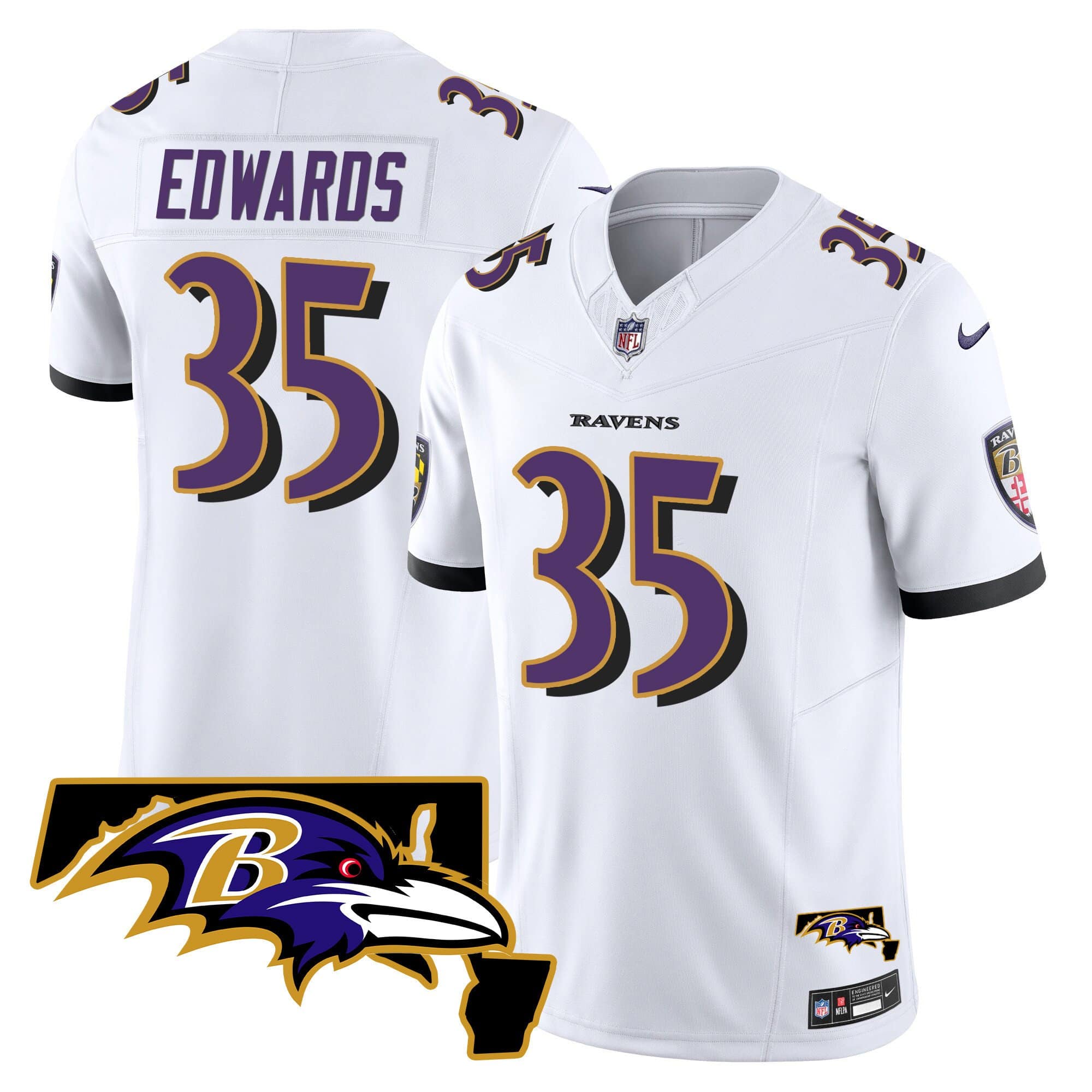 Men’s Ravens Maryland Patch Vapor Limited Jersey – All Stitched – White – Gus Edwards
