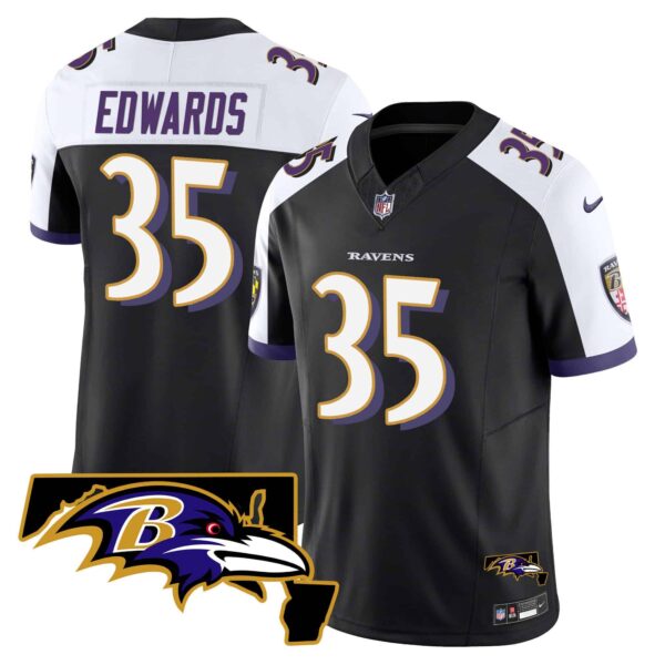 Men’s Ravens Maryland Patch Vapor Limited Jersey – All Stitched – Black Alternate – Gus Edwards