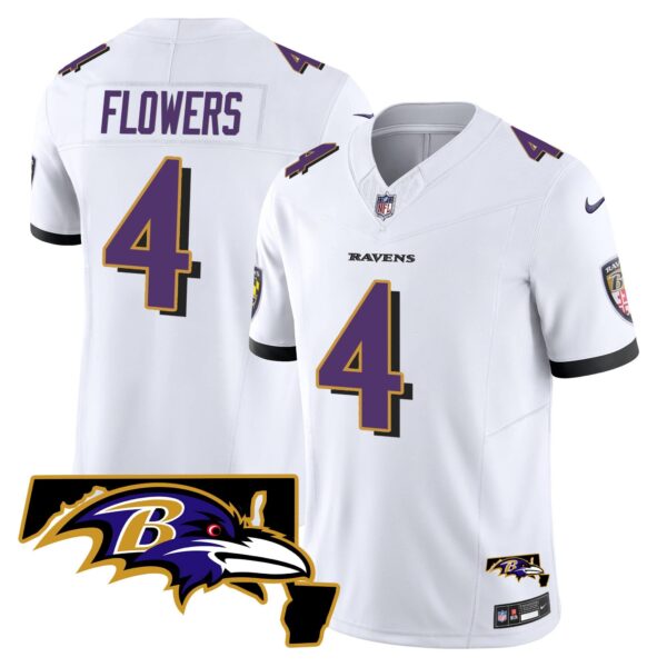 Men’s Ravens Maryland Patch Vapor Limited Jersey – All Stitched – White – Zay Flowers