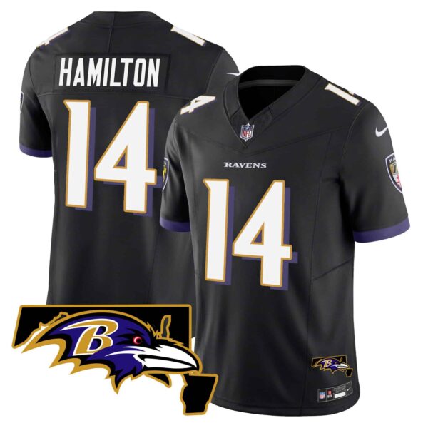Men’s Ravens Maryland Patch Vapor Limited Jersey – All Stitched – Black – Kyle Hamilton
