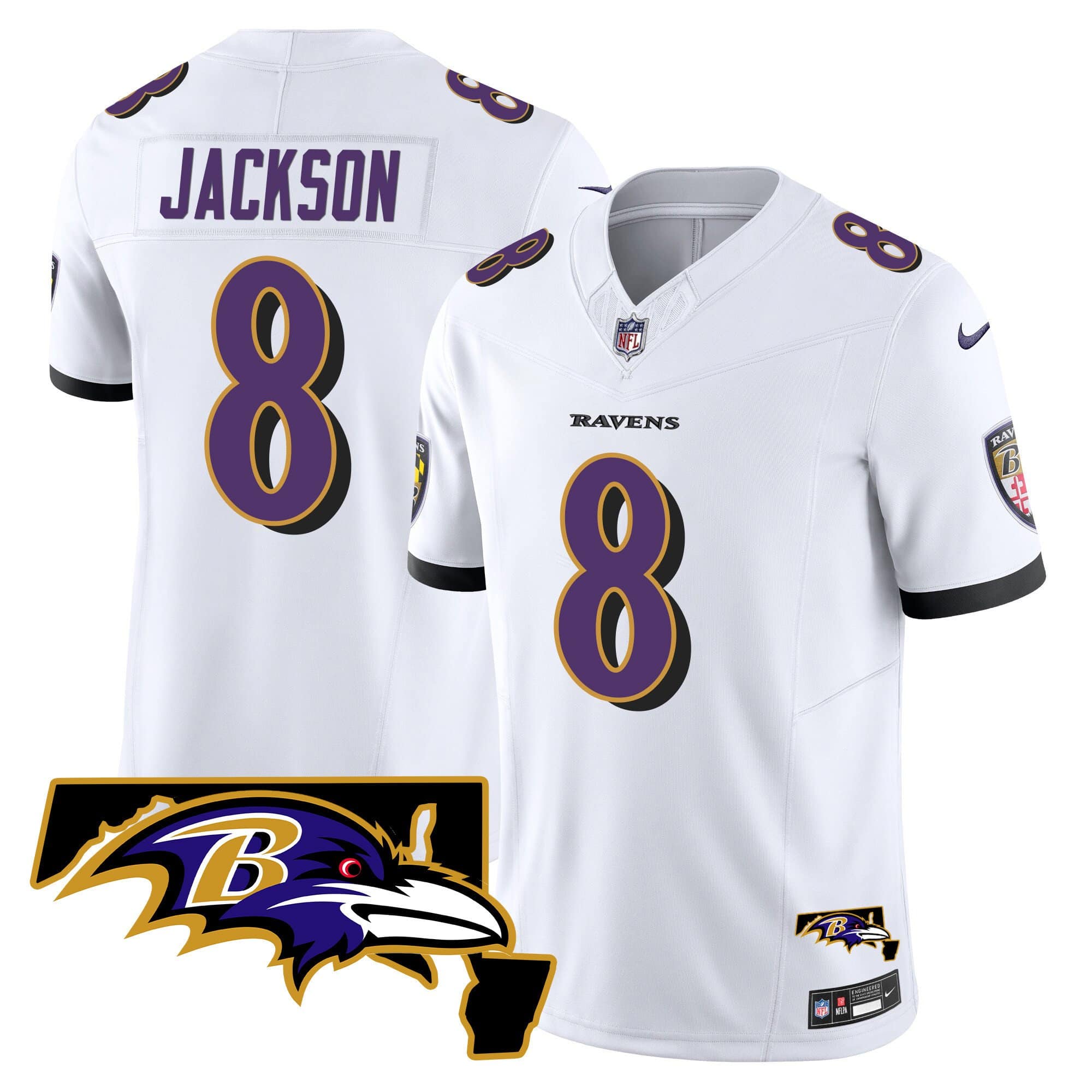 Men’s Ravens Maryland Patch Vapor Limited Jersey – All Stitched – White – Lamar Jackson