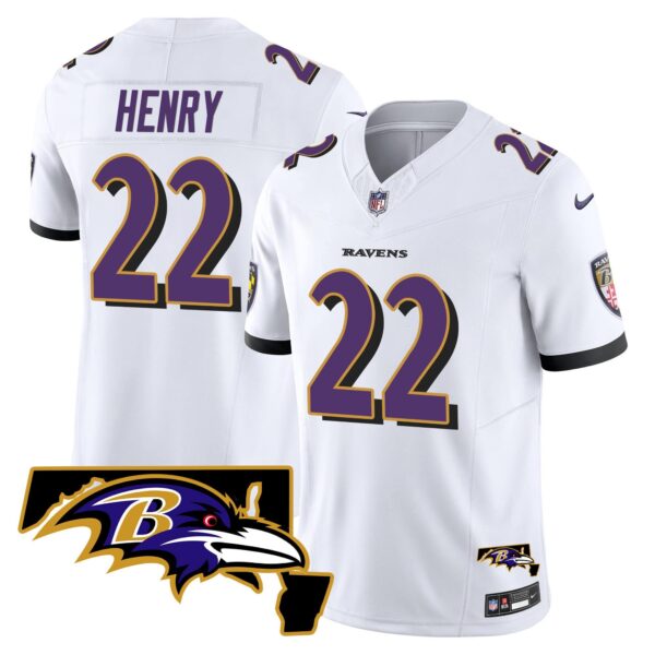 Men’s Ravens Maryland Patch Vapor Limited Jersey – All Stitched – White – Derrick Henry
