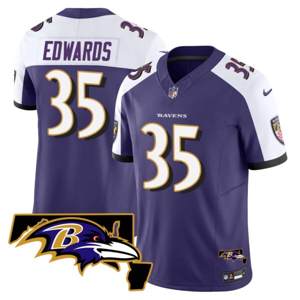 Men’s Ravens Maryland Patch Vapor Limited Jersey – All Stitched – Purple Alternate – Gus Edwards
