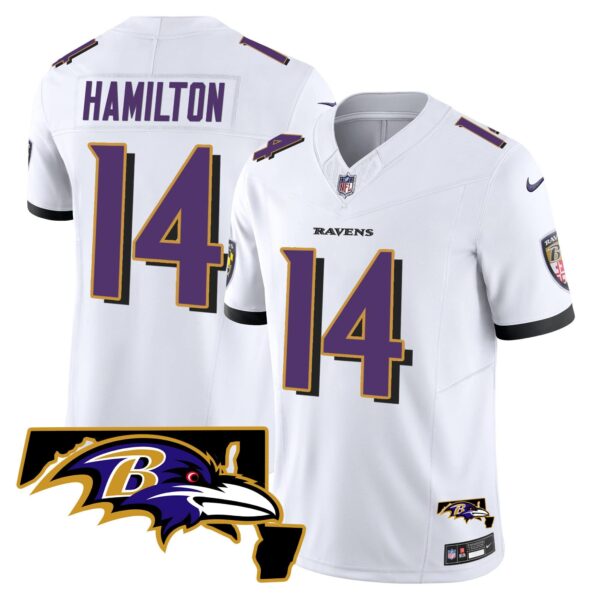 Men’s Ravens Maryland Patch Vapor Limited Jersey – All Stitched – White – Kyle Hamilton