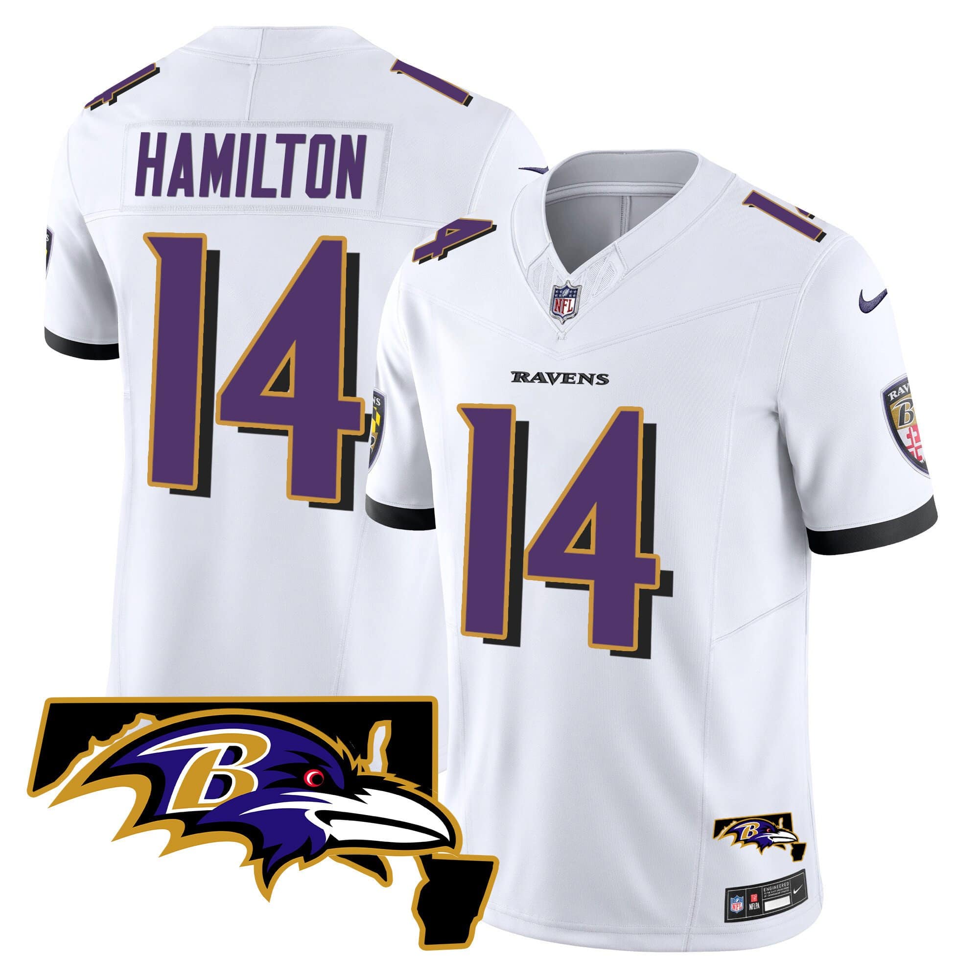 Men’s Ravens Maryland Patch Vapor Limited Jersey – All Stitched – White – Kyle Hamilton