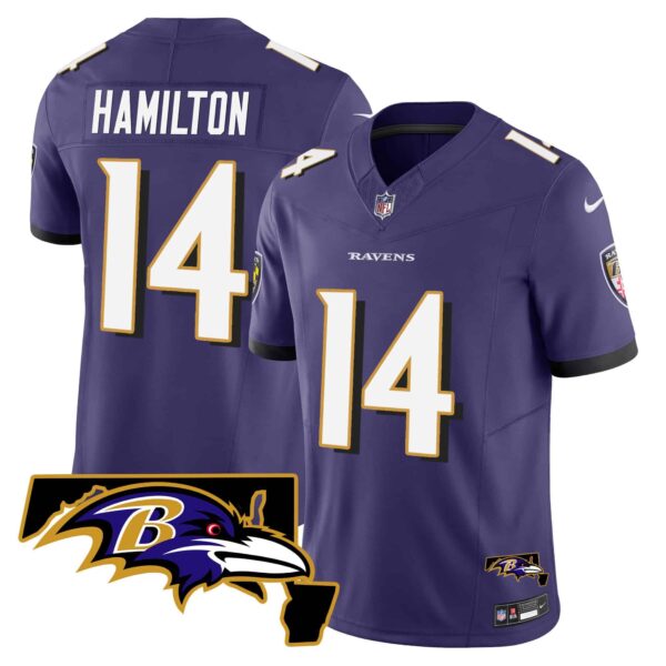 Men’s Ravens Maryland Patch Vapor Limited Jersey – All Stitched – Purple – Kyle Hamilton