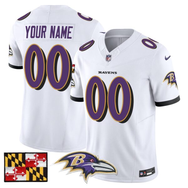 Baltimore Ravens 2024 Maryland Flag Vapor Limited Custom Jersey – All Stitched – White Jersey