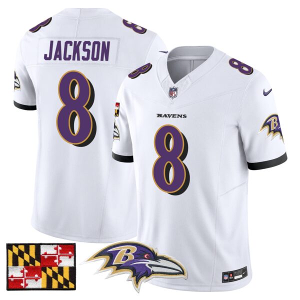 Baltimore Ravens 2024 Maryland Flag Vapor Limited Jersey – All Stitched – White – Lamar Jackson Jersey