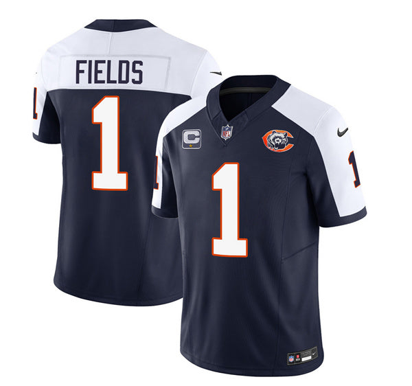 Chicago Bears #1 Justin Fields Navy White 2023 FUSE With 1-Star C Patchthrowback Limited Football Stitched Game Jersey