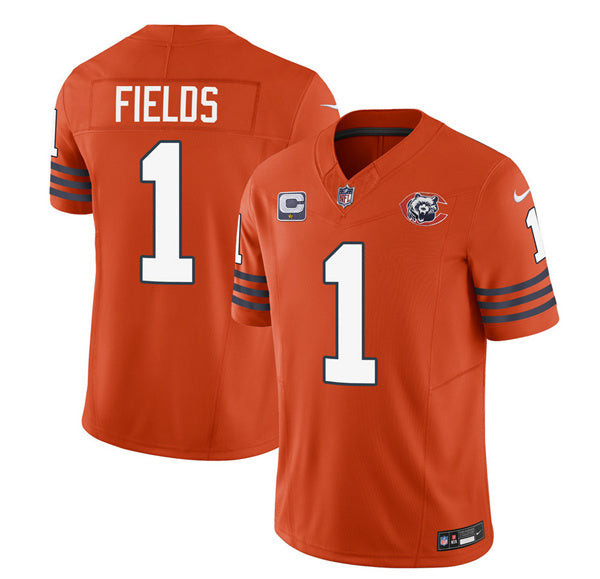 Chicago Bears #1 Justin Fields Orange 2023 FUSE With 1-Star C Patch Throwback Limited Football Stitched Game Jersey