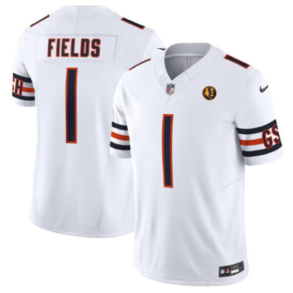 Chicago Bears #1 Justin Fields White 2023 FUSE With John Madden Patch Vapor Jersey