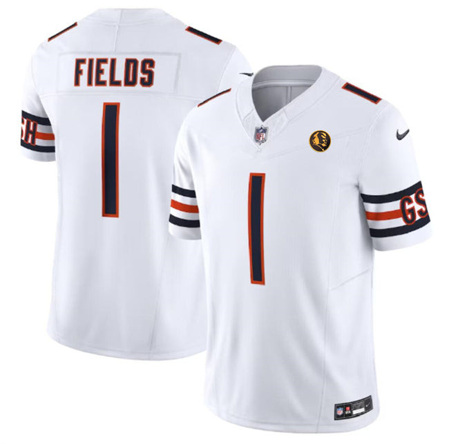 Chicago Bears #1 Justin Fields White 2023 FUSE With John Madden Patch Vapor Jersey