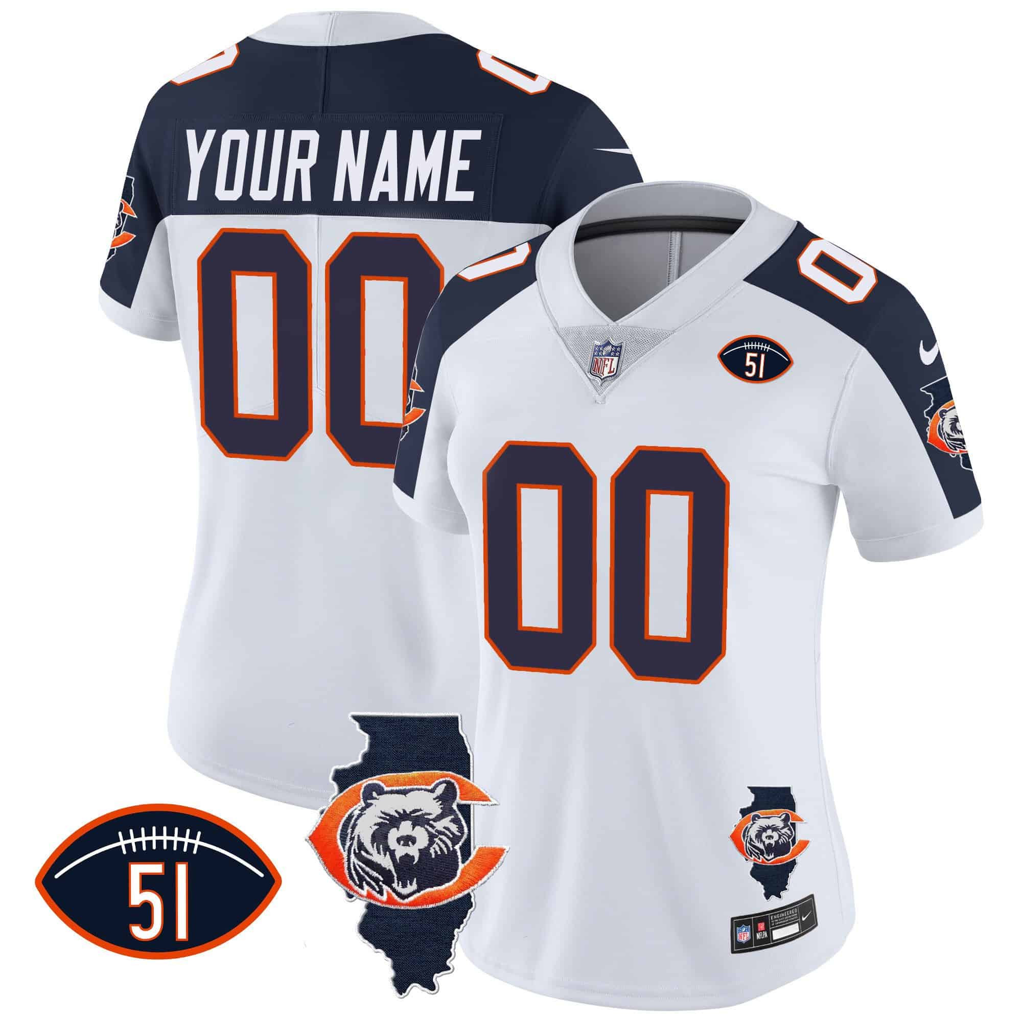 Bears Throwback Illinois Patch Vapor Custom Jersey – All Stitched – Women – Inverted