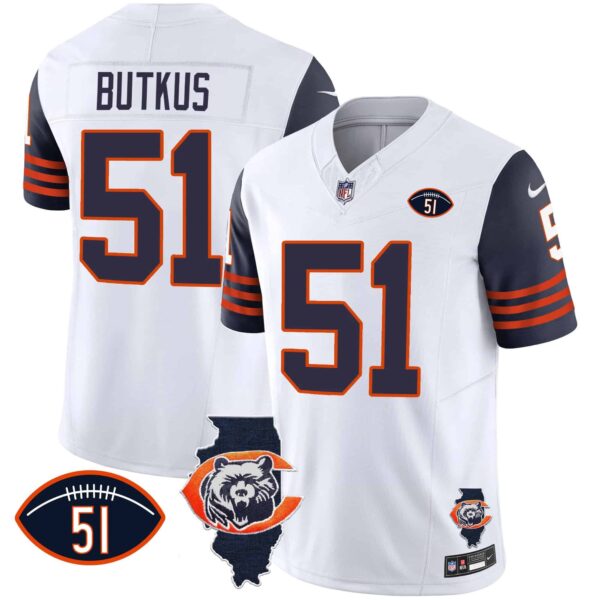 Men’s Bears Throwback Illinois Patch Vapor Jersey – All Stitched – Navy Sleeves – Dick Butkus