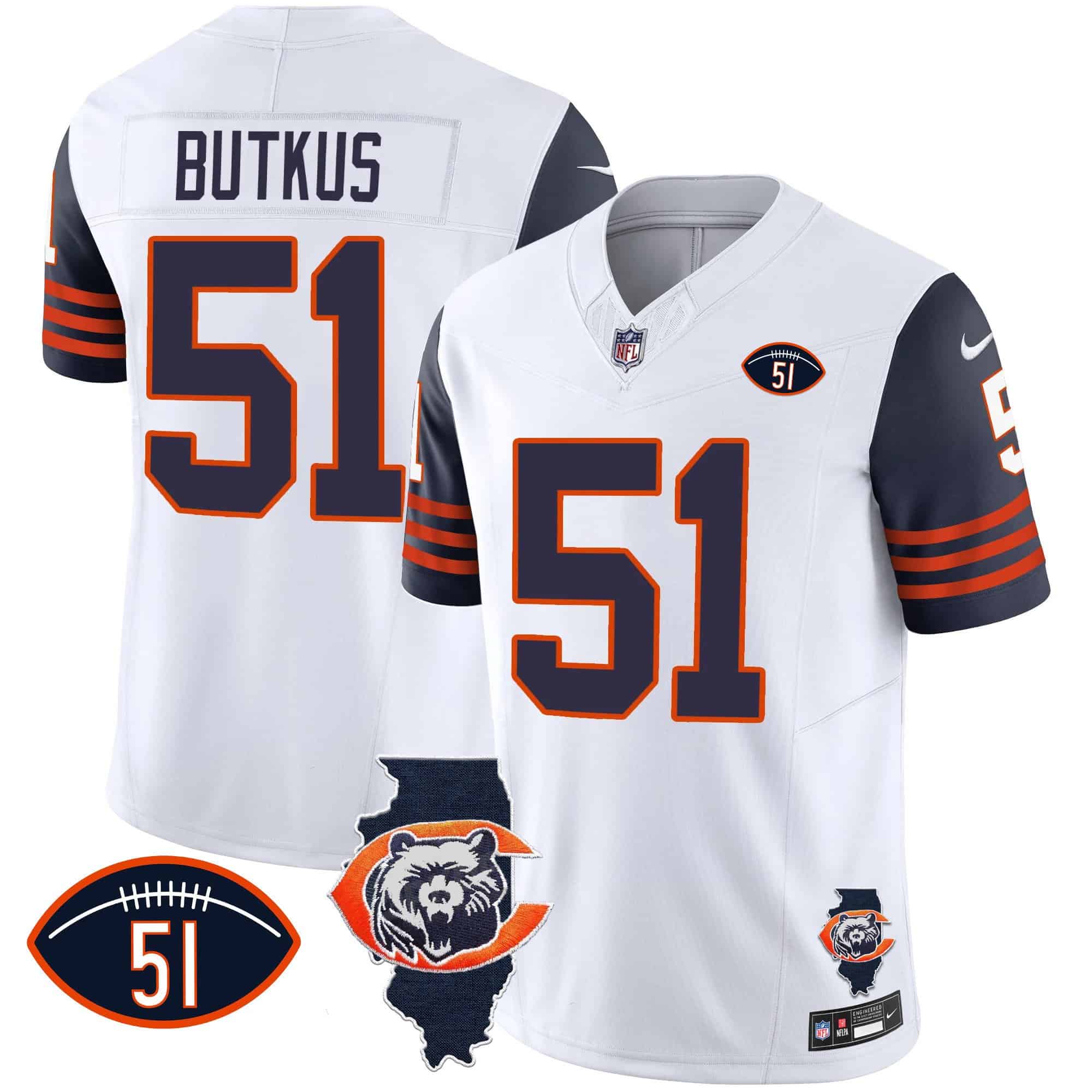 Men’s Bears Throwback Illinois Patch Vapor Jersey – All Stitched – Navy Sleeves – Dick Butkus