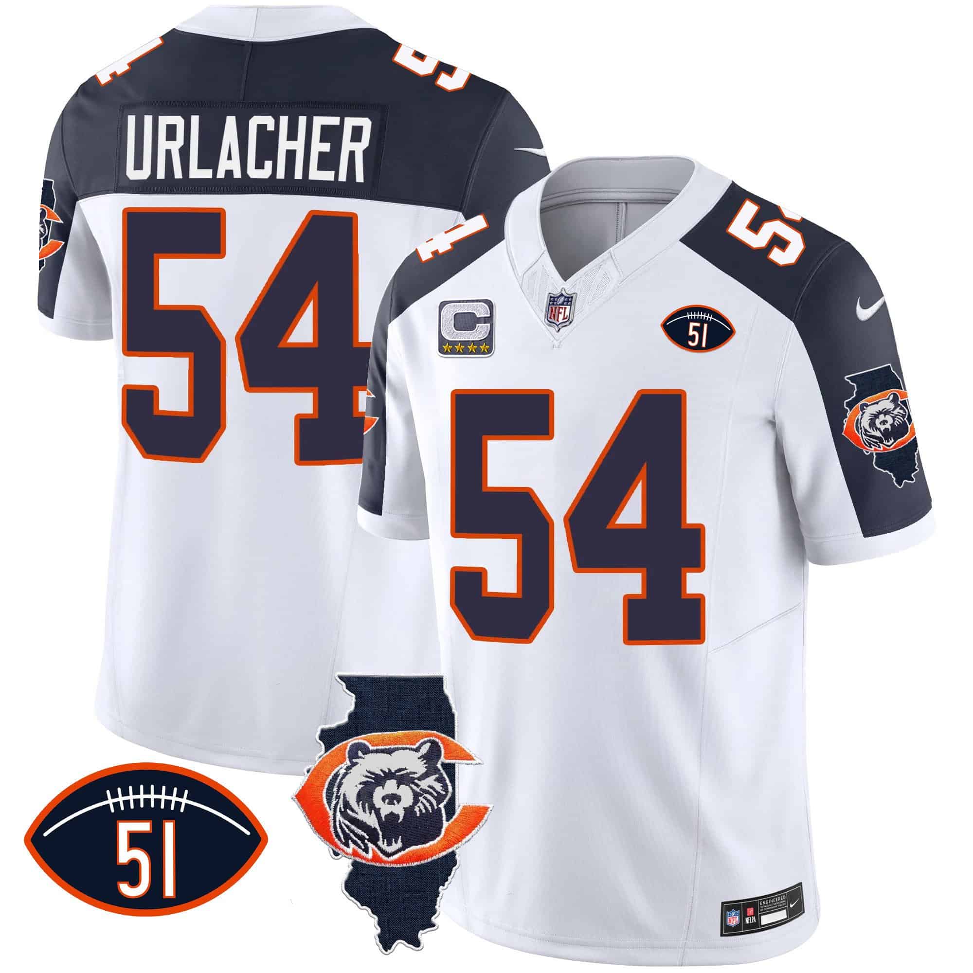 Men’s Bears Throwback Illinois Patch Vapor Jersey – All Stitched – Inverted – Brian Urlacher