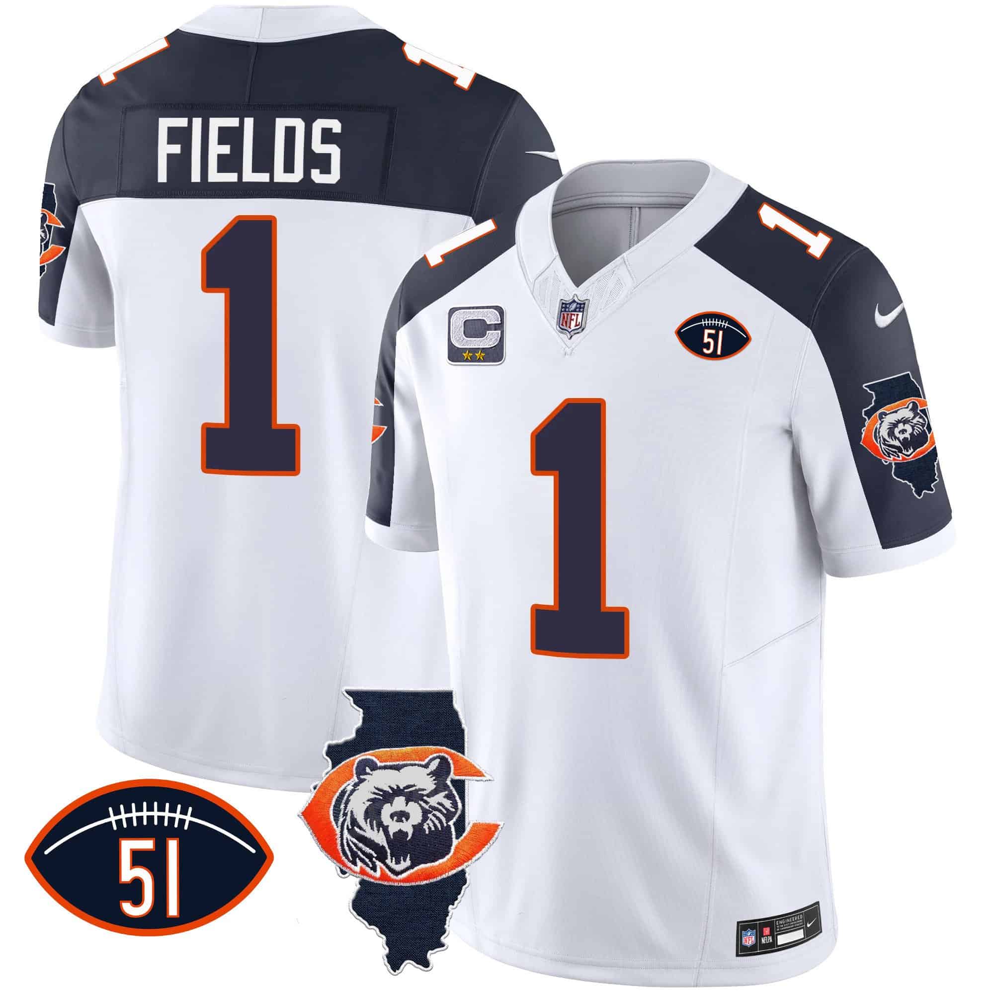 Men’s Bears Throwback Illinois Patch Vapor Jersey – All Stitched – Inverted – Justin Fields