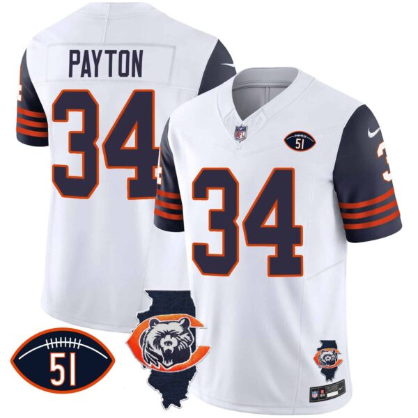 Men’s Bears Throwback Illinois Patch Vapor Jersey – All Stitched – Navy Sleeves – Walter Payton
