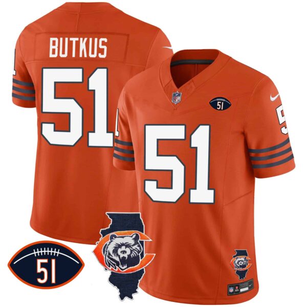 Men’s Bears Throwback Illinois Patch Vapor Jersey – All Stitched – Orange – Dick Butkus