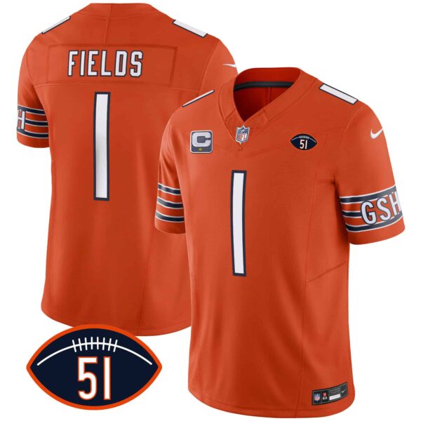 Men’s Bears Dick Butkus Patch GSH Vapor Jersey – All Stitched – Orange – Justin Fields