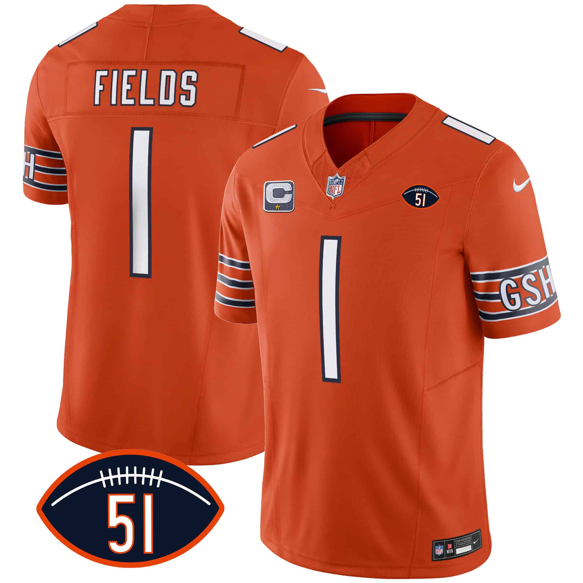 Men’s Bears Dick Butkus Patch GSH Vapor Jersey – All Stitched – Orange – Justin Fields