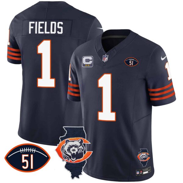 Men’s Bears Throwback Illinois Patch Vapor Jersey – All Stitched – Navy – Justin Fields