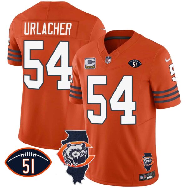 Men’s Bears Throwback Illinois Patch Vapor Jersey – All Stitched – Orange – Brian Urlacher