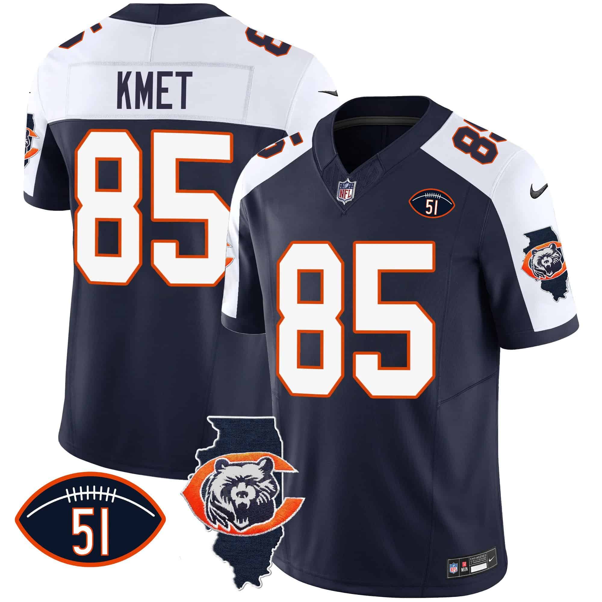 Men’s Bears Throwback Illinois Patch Vapor Jersey – All Stitched – Navy Alternate – Cole Kmet