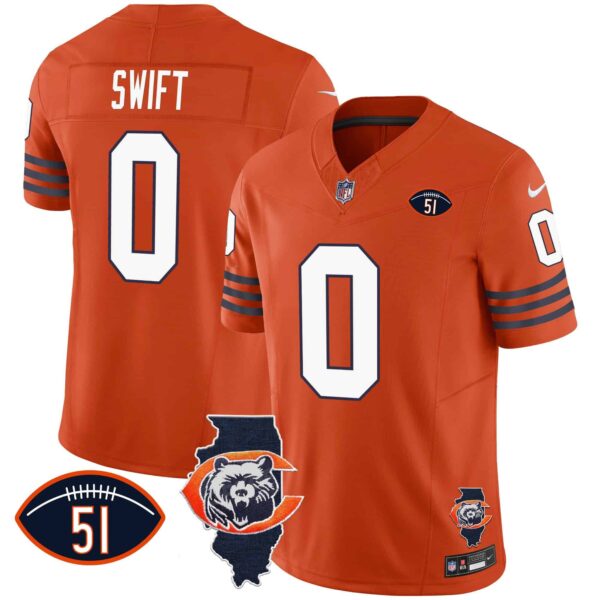 Men’s Bears Throwback Illinois Patch Vapor Jersey – All Stitched – Orange – D’Andre Swift
