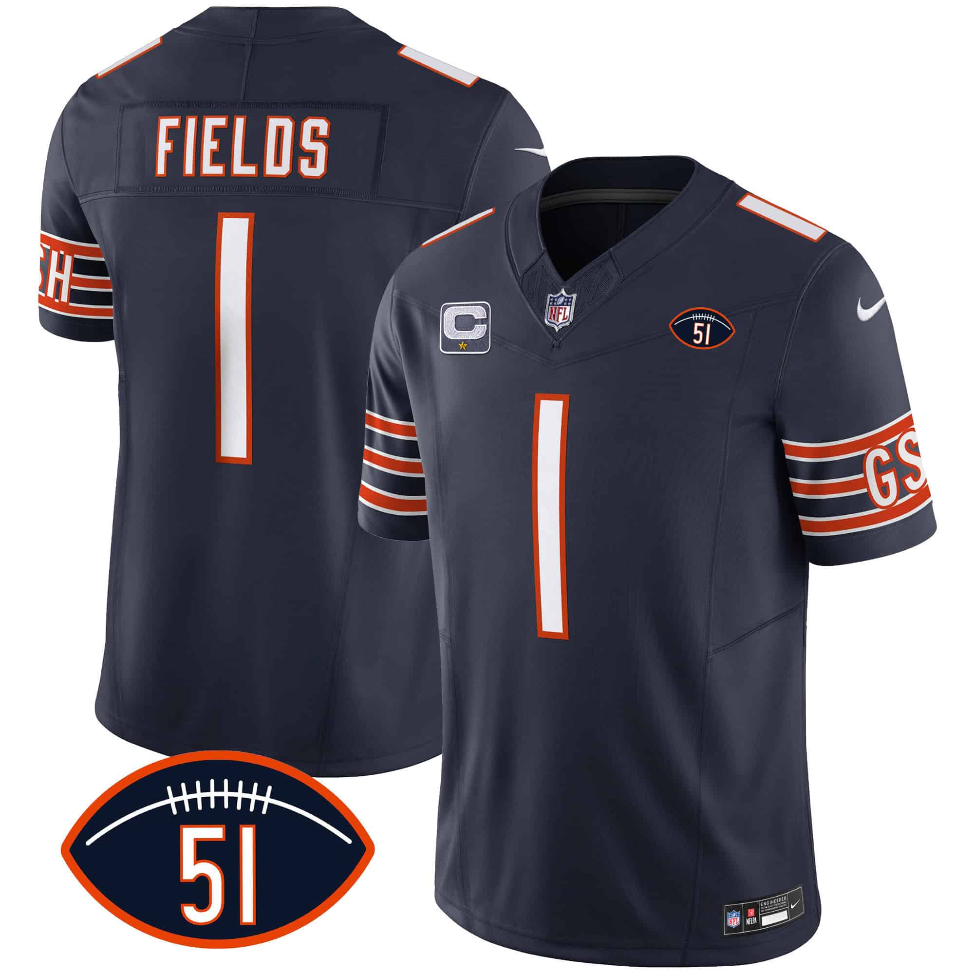 Men’s Bears Dick Butkus Patch GSH Vapor Jersey – All Stitched – Navy – Justin Fields