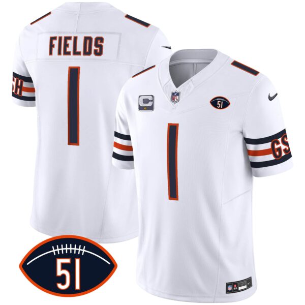 Men’s Bears Dick Butkus Patch GSH Vapor Jersey – All Stitched – White – Justin Fields