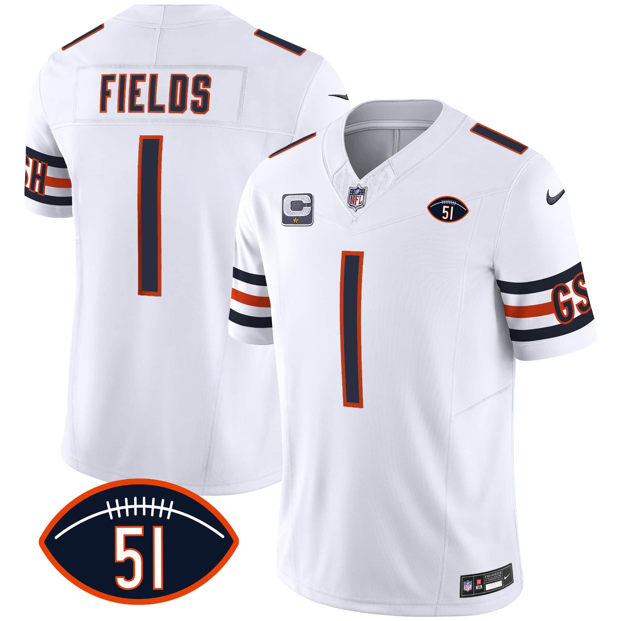 Men’s Bears Dick Butkus Patch GSH Vapor Jersey – All Stitched – White – Justin Fields
