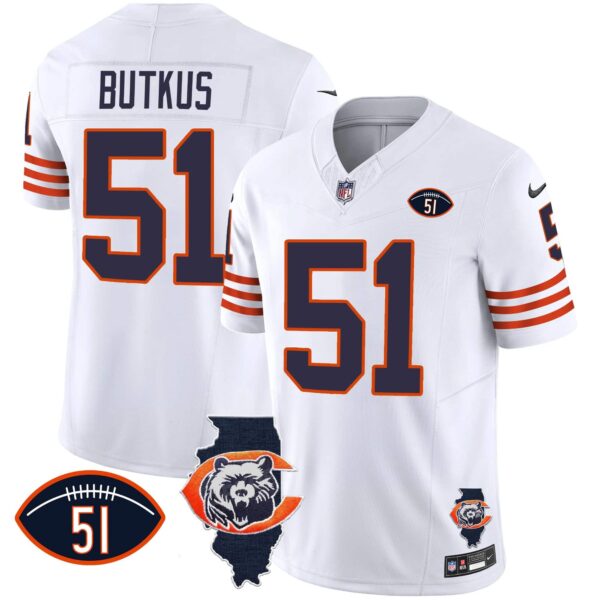 Men’s Bears Throwback Illinois Patch Vapor Jersey – All Stitched – White – Dick Butkus