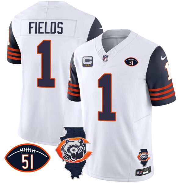 Men’s Bears Throwback Illinois Patch Vapor Jersey – All Stitched – Navy Sleeves – Justin Fields