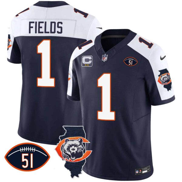 Men’s Bears Throwback Illinois Patch Vapor Jersey – All Stitched – Navy Alternate – Justin Fields
