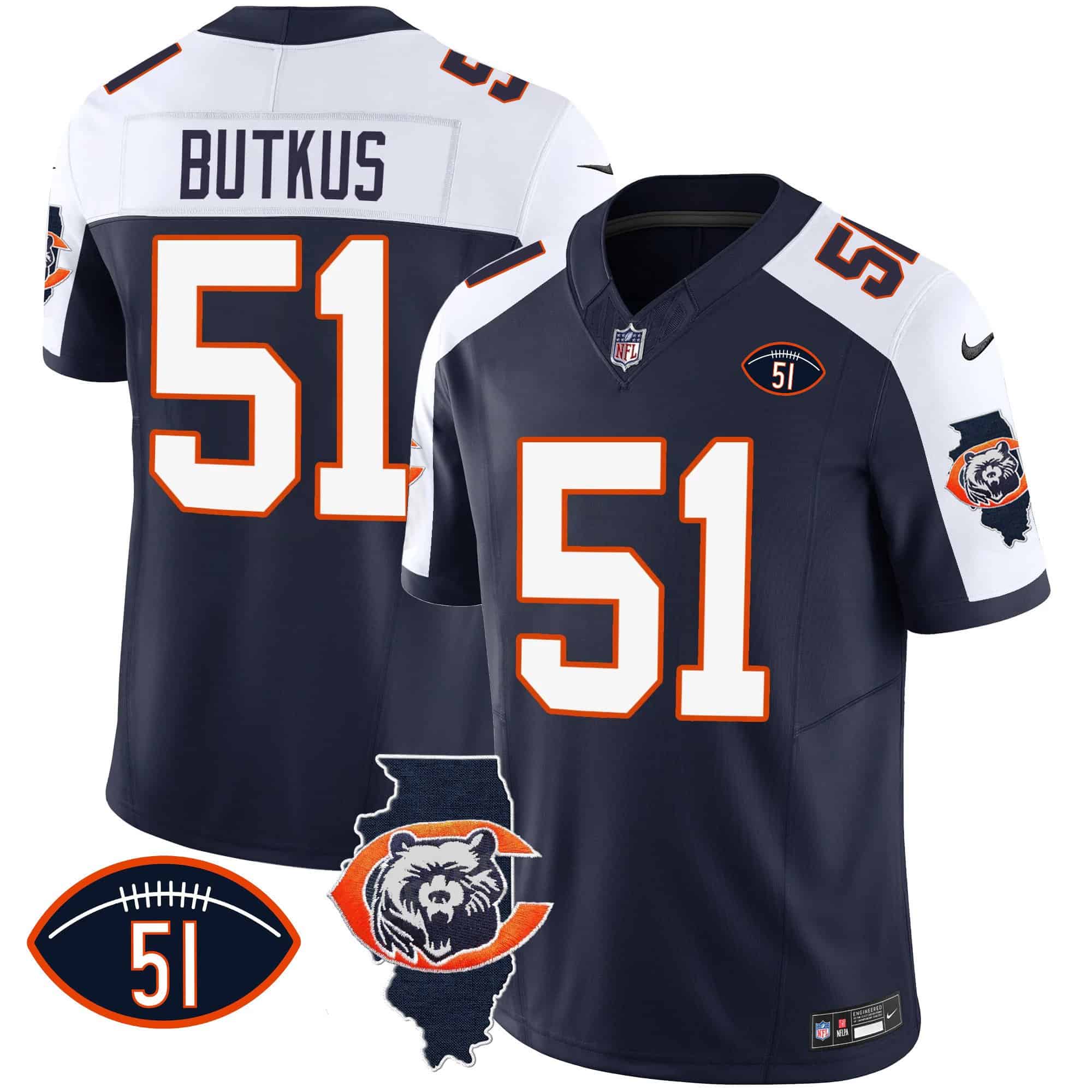 Men’s Bears Throwback Illinois Patch Vapor Jersey – All Stitched – Navy Alternate – Dick Butkus