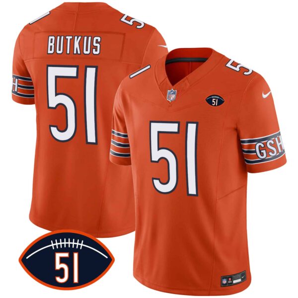 Men’s Bears Dick Butkus Patch GSH Vapor Jersey – All Stitched – Orange – Dick Butkus