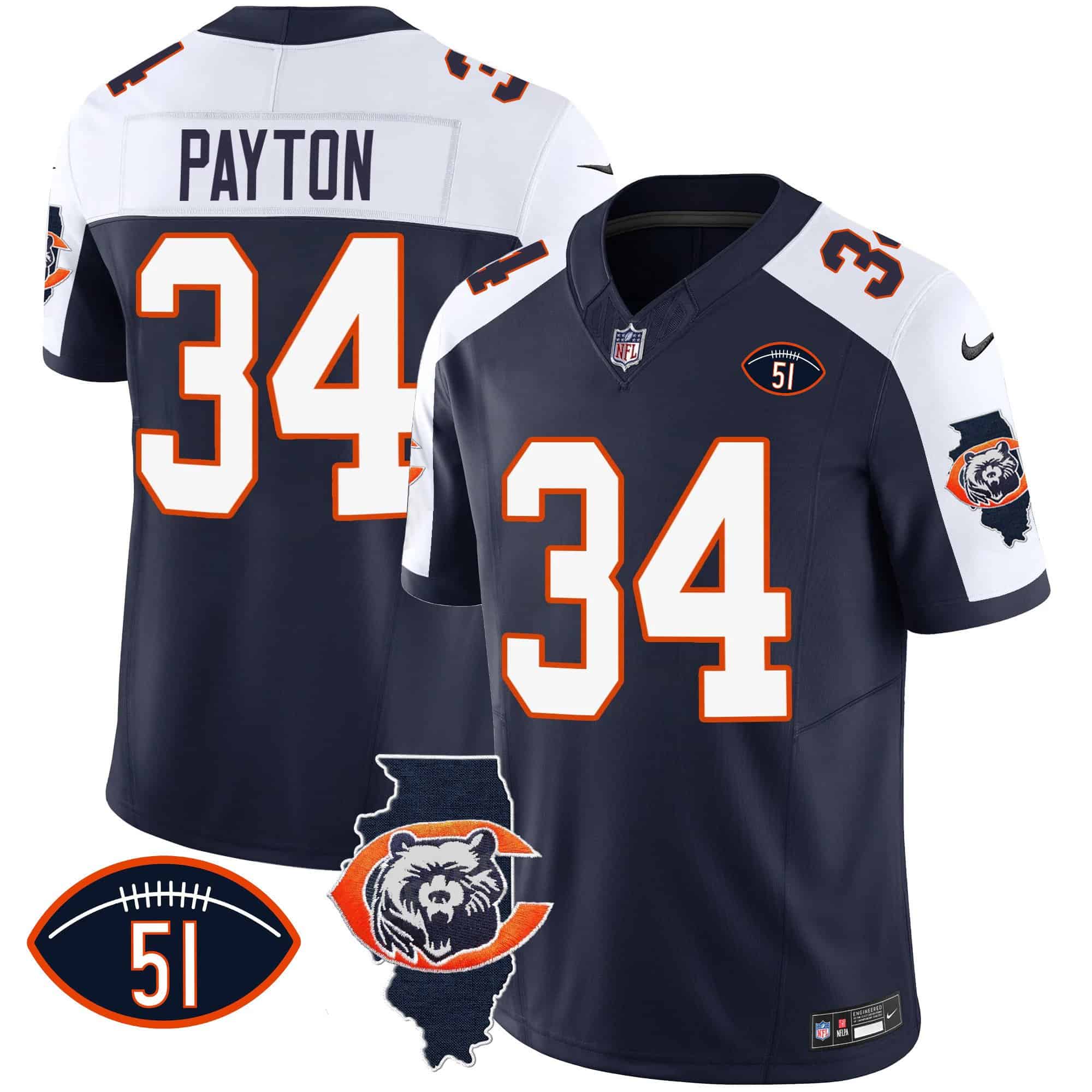 Men’s Bears Throwback Illinois Patch Vapor Jersey – All Stitched – Navy Alternate – Walter Payton
