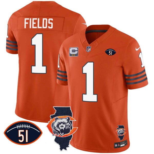 Men’s Bears Throwback Illinois Patch Vapor Jersey – All Stitched – Orange – Justin Fields