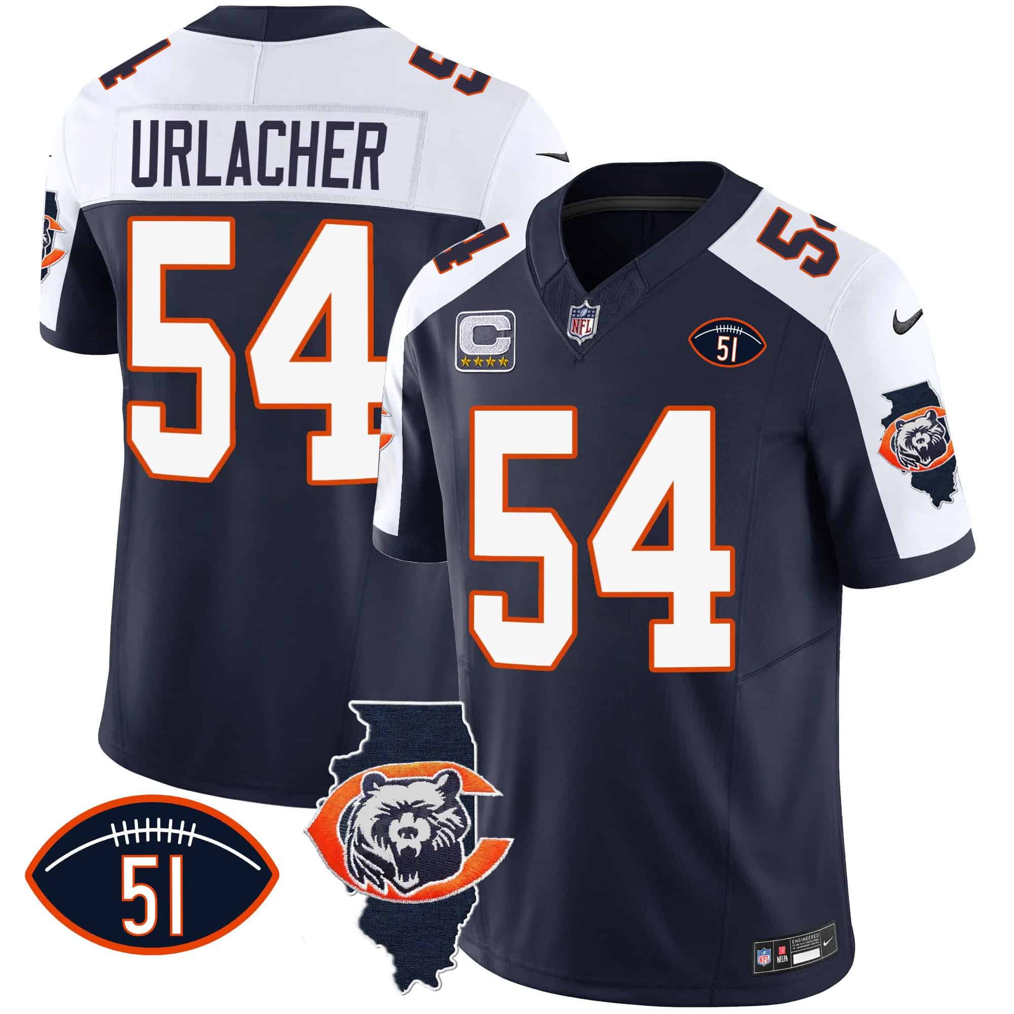 Men’s Bears Throwback Illinois Patch Vapor Jersey – All Stitched – Navy Alternate – Brian Urlacher