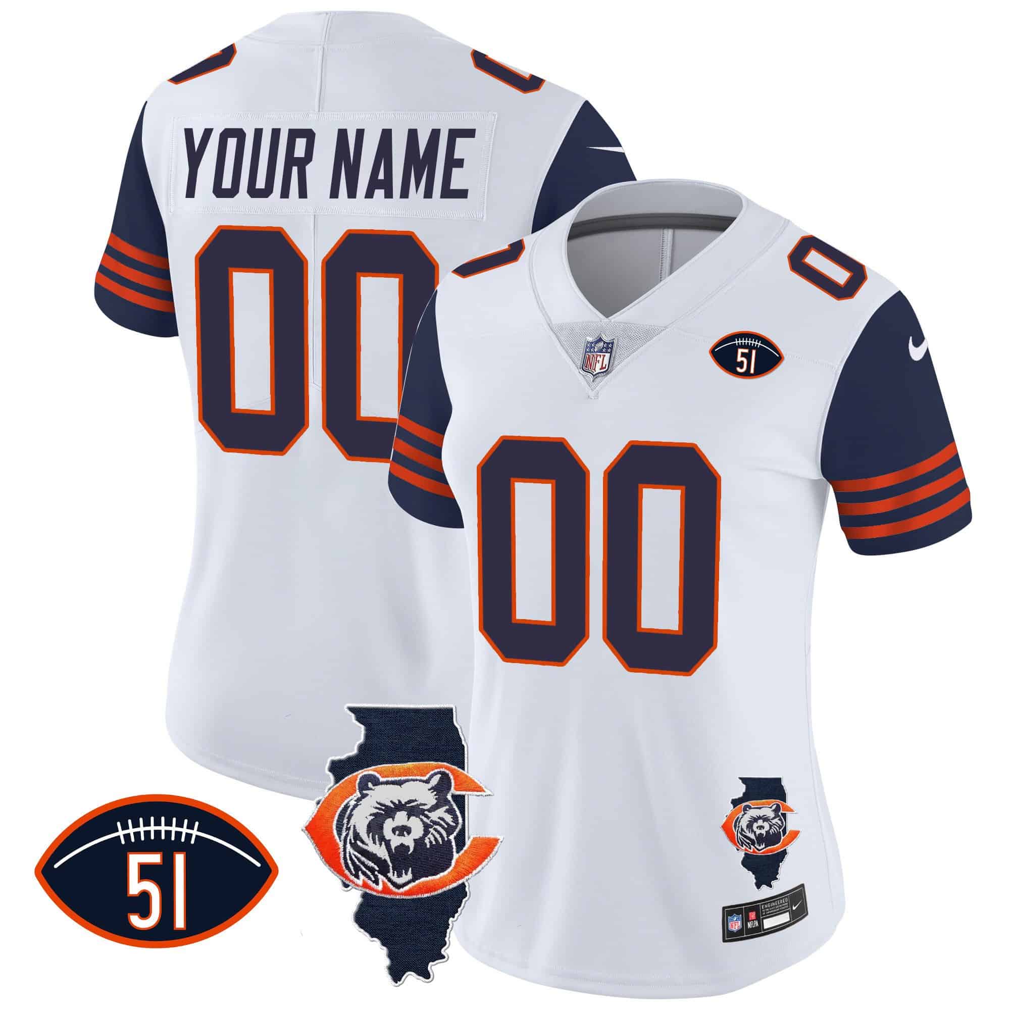 Bears Throwback Illinois Patch Vapor Custom Jersey – All Stitched – Women – Navy Sleeves