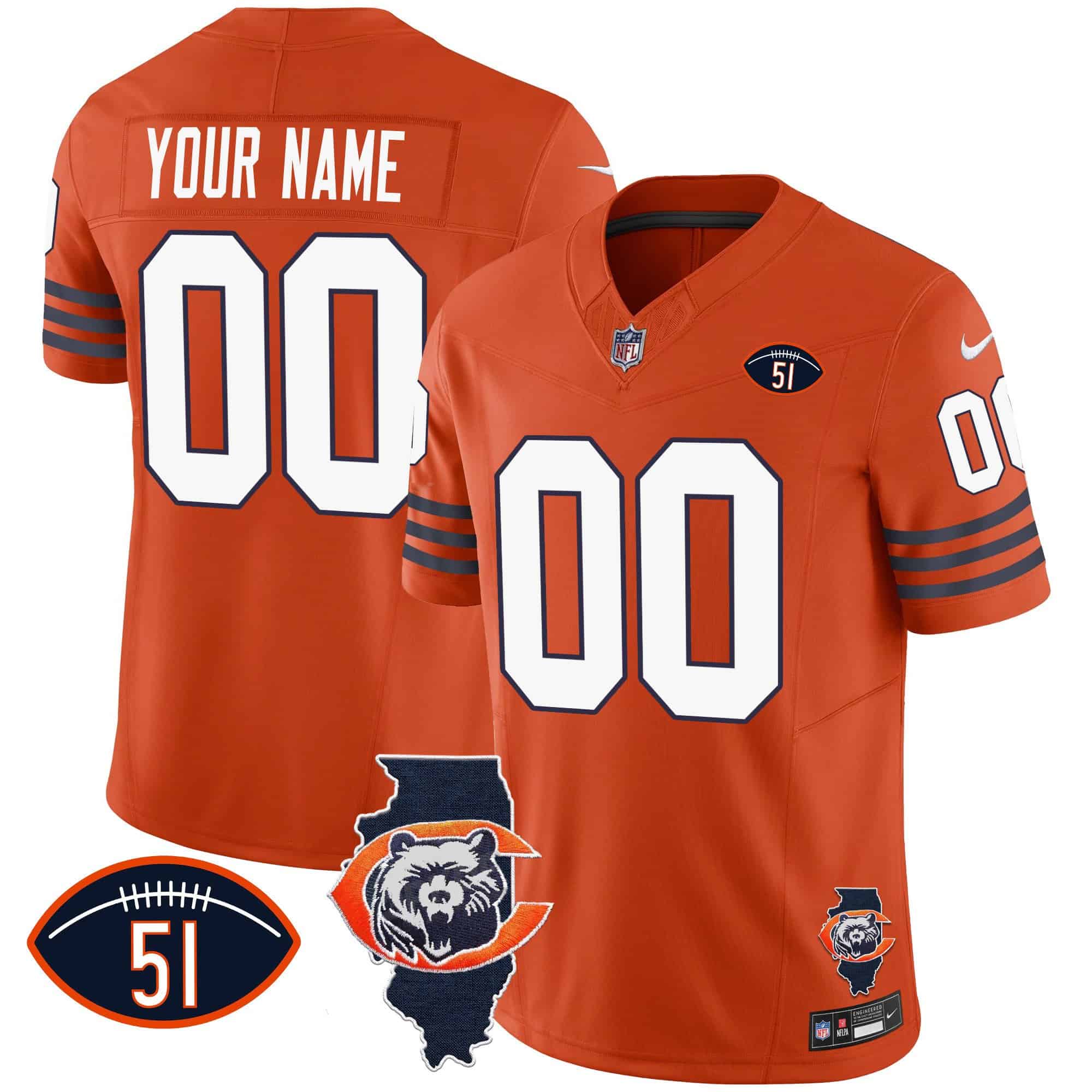 Bears Throwback Illinois Patch Vapor Custom Jersey – All Stitched – Men – Orange