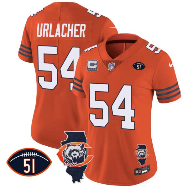 Women’s Bears Throwback Illinois Patch Vapor Jersey – All Stitched – Orange – Brian Urlacher