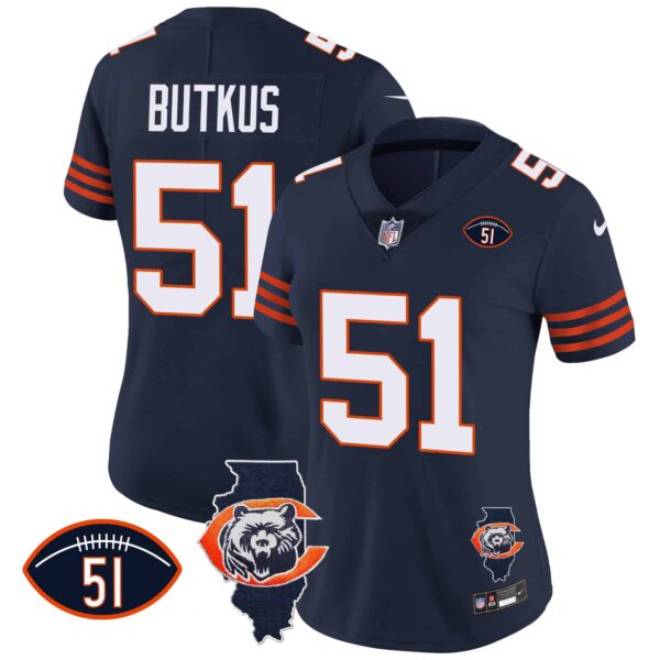 Women’s Bears Throwback Illinois Patch Vapor Jersey – All Stitched – Navy – Dick Butkus