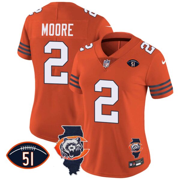 Women’s Bears Throwback Illinois Patch Vapor Jersey – All Stitched – Orange – D.J. Moore